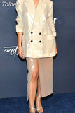 Fashion Women's New Double Breasted Sequins Loose Blazer Split High Waist Straight Skirts Female Tide Summer 2023