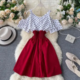 Women Dress Dot Patchwork Bow Tie V Neck Sexy Strapless Vestidos Femme Stretch High Waist A-line Dresses 2022 New