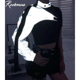 Rockmore Neon Green Reflective T Shirt Women Tshirt Harajuku One Shoulder Off Gothic Top Hip Hop Streetwear Tee Shirt Femme