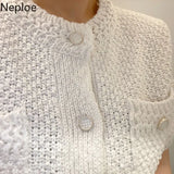 Korean Cardigan Women Clothing Short Sleeve Single Breasted Sweater O Neck Knit Black Tops 2023 Fashion White Coat