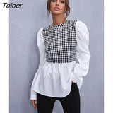 Women Elegant Houndstooth Shirt Fashion Ruffle Stitching Fluffy Long Sleeve Top Casual Chic Ladies Blouse Office White