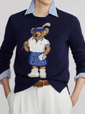 Autumn/Winter Casual Bear Embroidered Round Collar Collar Cotton Knitted Sweater For Adult Women Long-Sleeved Sweater