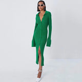 Free Shipping Autumn Bodycon Dress Sweater Knitted Green Women Sexy Midi Split V Neck Long Sleeve Casual Dresses Party
