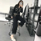 Autumn Long Sleeve Knit Set Women Elegant Hit Color Turn-down Collar Pockets Sweater Top and Wide Leg Pants Two Piece