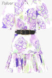 Casual Print Dresses For Women Lapel Puff Sleeve Gathered Waist Patchwork Belt Ruffles Temperament Mini Dress Female