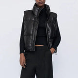 Stand Collar Vests Women Fashion Zipper Black PU Leather Coats Women Elegant Autumn Winter Short Vests Female Ladies