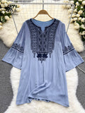 Embroidary Bohemian Women Dress Flare Sleeves Solid Retro O Neck 2022 Fashion Loose Ladies Midi