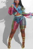 Bandanna Print Fashion Women Two Piece Outfits Long Sleeve Turn Down Collar Blouse+see Through Short Cute Color