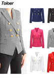 High Quality 2023 New Designer Blazer Women's Double Breasted Pocket Lion Buttons Slim Plaid Blazer Jacket