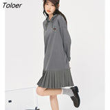Women Sweater Dress 2022 Autumn Long Sleeves Hooded Dress Paneled Pleated Skirt Casual Preppy Style