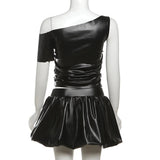 Black PU Leather Off-Shoulder And Pleated Mini Skirt Two Piece Set-Outfit