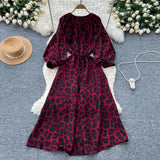 Retro Niche Print Dress Woman 2025 Autumn Strap To The Waist Round Lantern Sleeves Thin
