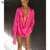 Satin Sexy Deep V-neck Women Dress Rose Red Long Sleeve Hollow Out Mini Dress Women Summer Loose Fashion Night