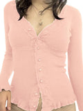 Front Buttons Lace Panel Knit Top-Outfit
