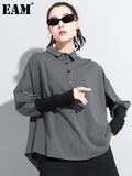 Women Gray Contrast Color Big Size Blouse New Lapel Long Sleeve Loose Fit Shirt Fashion Tide Spring Autumn 2023