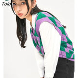 Women Fake Two Piece Shirts 2022 Autumn Long Sleeve Polo Neck Blouse Argyle Plaid Embroidery Pattern Preppy Style