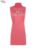 Letter Print Knit T-Shirts Women Bodycon Dress Sleeveless Turtleneck Skinny Elastic Side Split Tank Female Party Clubwear