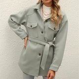 PUWD Casual Woman Loose Sashes Woolen Shirt Coat 2021 Spring Autumn Fashion Ladies Soft Warm Jacket Female Elegant