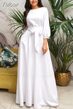 Women Elegant Long Dress O Neck Long Sleeve Lacing Full Length Dress Simple Solid Office Lady Party Night Evening Dress