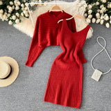 Women Sexy Knitted Two Pieces Suits Short Loose Pullover Top+Midi Camis Dress Striped Winter Streetwear Sweater