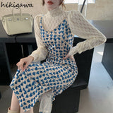Temperament Women 2 Piece Set Turtleneck Hollow Out Sweet Tops Slim Waist Sling Bodycon Dresses Suit Roupas Femme Chic