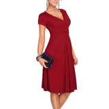 Women Dresses A-Line Solid Short Sleeve V-Neck Fit Clothing Robe Vintage 50s 60s Rockabilly Dress