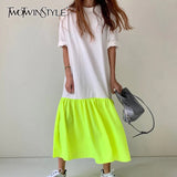 Elegant Patchwork Hit Color Dress Women O Neck Half Sleeve Oversize Casual Midi Dresses Female 2020 Summer