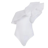 Women One Shoulder Ruffled Bodysuit New Fashion Lotus Leaf Leotard Tops Romper Black White Ladies Mesh Bodysuits