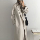 Women Elegant Long Wool Coat With Belt Solid Color Long Sleeve Chic Outerwear Ladies Drop Shoulder Overcoat