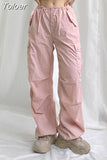Bandage Elastic Waist Cargo Pants Pink Aesthetic Casual Sweatpants Straight Wide Leg Baggy Trousers 100% Cotton