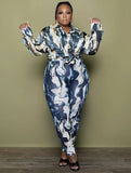 Print Blouse and Pants Plus Size Two Piece