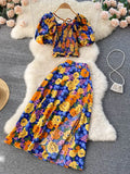 Summer Bohemian Women Floral Printed Two Piece Set Sexy Beach Suit Square Collar Puff Sleeve Short Tops + Skirt New Fashion