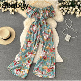 Women Off Shoulder Strap Dress Slash Neck Short Sleeve Wide Leg Jumpsuits Summer Bohemian Print Vacation Long