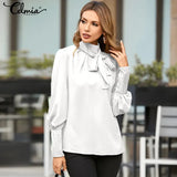Fashion Women Party Blouse Long Lantern Sleeve Shirt 2022 Autumn Bow Tie Elegant Office Ladies Top Tunic Blusas