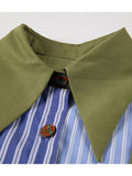 Women Green Striped Buckle Big Size Blouse New Lapel Long Sleeve Loose Fit Shirt Fashion Tide Spring Autumn 2023
