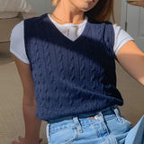 Vintage Print Women Sweaters Autumn New V-Neck Sleeveless Female Knitted Vest Streetwear y2k Top Pullover Casual