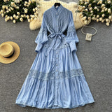 High-End Retro Lace Splicing Pearl Single Buckle Thin Temperament Collar Lantern Sleeve