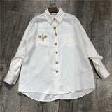 Casual Ruched Diamonds Striped Shirt For Women Lapel Long Sleeve Loose Blouse Female 2023 Spring Clothing Fashion