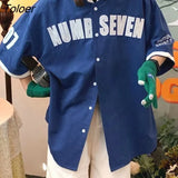 American Baseball Uniform Letter Print Button Up Shirt Oversized Loose Blouses Coats Men Women Hip Hop Streetwear