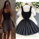 New Temperament Elegant Vertical Stripes To Close The Waist Thin Sling Dress Light Style Knitting Skirt