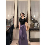 Summer New Relaxation Black Short-Sleeved T-Shirt Blouse High-Waist Purple Color Tying Strap A-Word Half-Dress