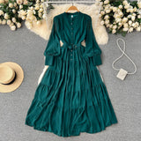 Autumn Retro Beach Pleated Dress Women Lantern Sleeve French Single Breasted 2022 Fashion Chiffon A Line Long