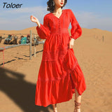 2023 Spring Summer Dress Women Cotton Patchwork Lace Dresses V-Neck Lantern Sleeve Maxi Dress Beach Long Female
