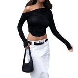 Aesthetic T Shirt 2023 Spring Autumn Solid Color Off Shoulder Long Sleeve Crop Top 2000s Tees Women Clothing