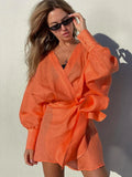 Casual Women Wrap Dress Lace-Up Bow Orange Linen Dress Summer 2022 Lantern Sleeve Irregular Tunic Dresses
