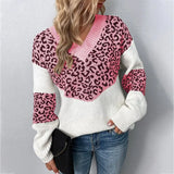 New Autumn Casual Woman Oversized Sweaters Winter Long Sleeve Knitted Jumper Sweater Women V-neck Leopard Print