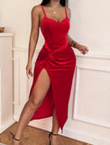 Velvet Side Slit Strap Long Party