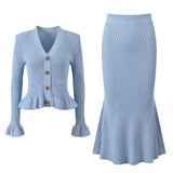 V-Neck Loaf Side Long Sleeve Open Shirt Bag Hip Fishtail Long Dress Elastic Knitted Two-Piece Suit