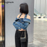 Ropa Mujer Harajuku Blue Jean Jacket Woman Sexy Slash Neck Tunic Y2k Tops Streetwear Outwear Fashion Casual Korean