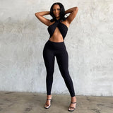 Piece Set Women Solid Halter Jumpsuits High Waist Long Pants Femmal Clothing Elegant Party Club Streetwear